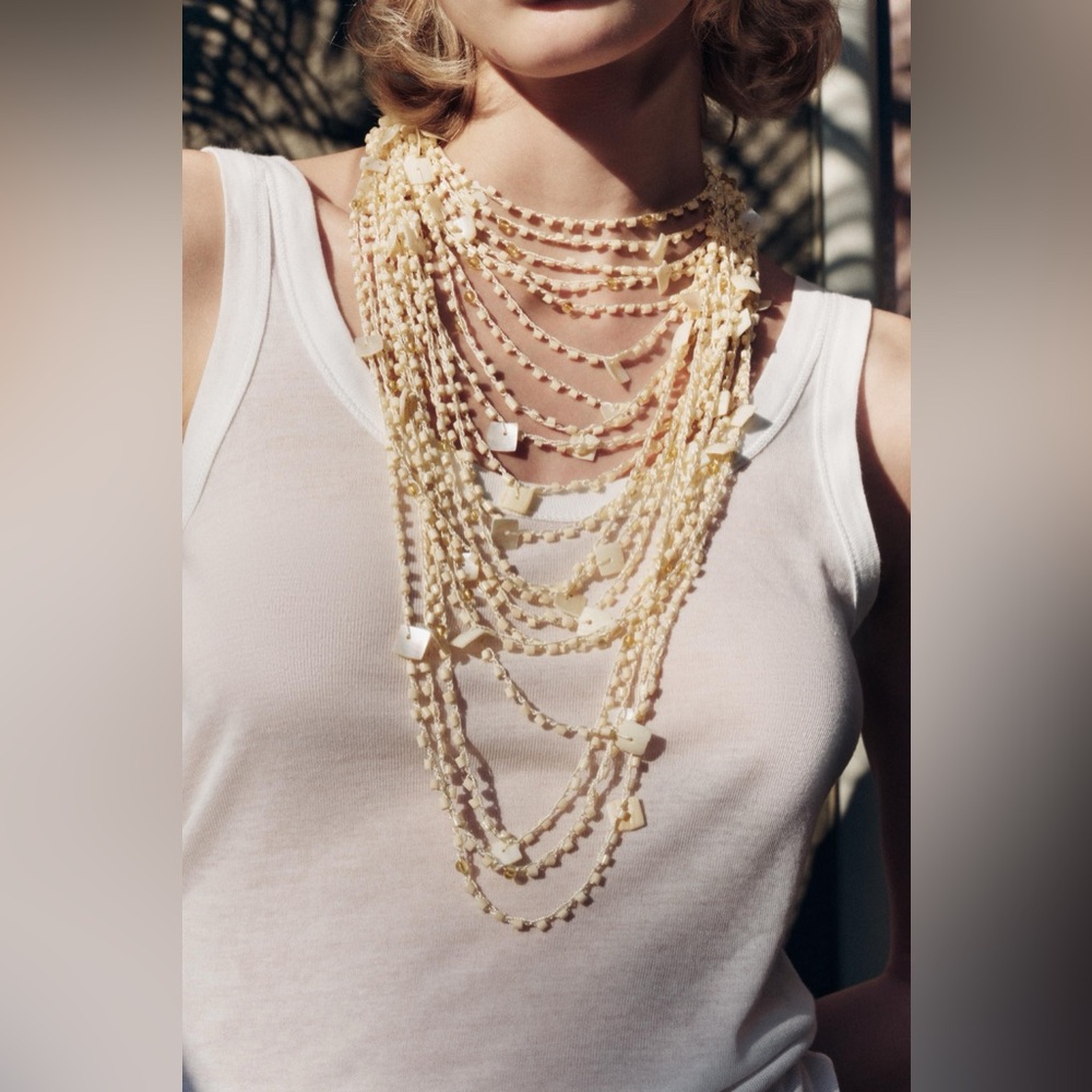 ZARA beaded shell long bib necklace. NWT